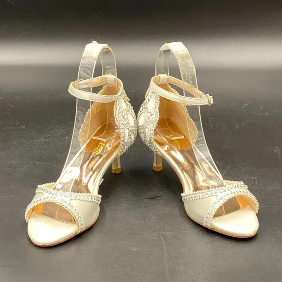 XYD white rhinestone peep toe kitten low heels slip on ankle strap sandals shoes - Picture 3 of 8